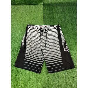 Ron Jon Surf Shop Mens 34 Board Shorts Black White Geometric Stripe VEX1911